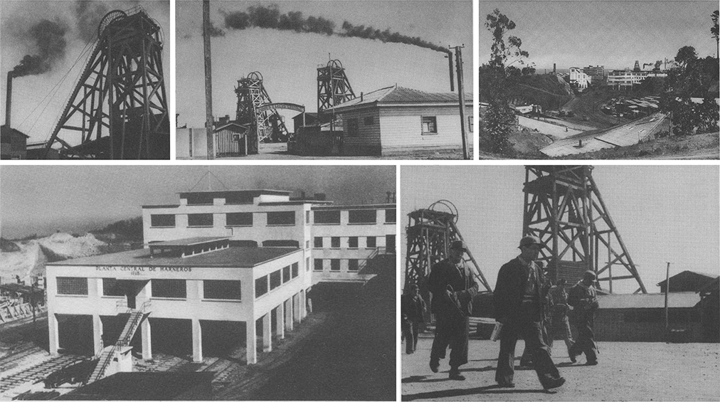 Piques y estructuras de la industria minera en Lota. Fuente: Astorquiza, Octavio y Oscar Galleguillos. Cien años del carbón de Lota 1852-1952. Santiago: Compañía Carbonífera e Industrial de Lota, 1952. 