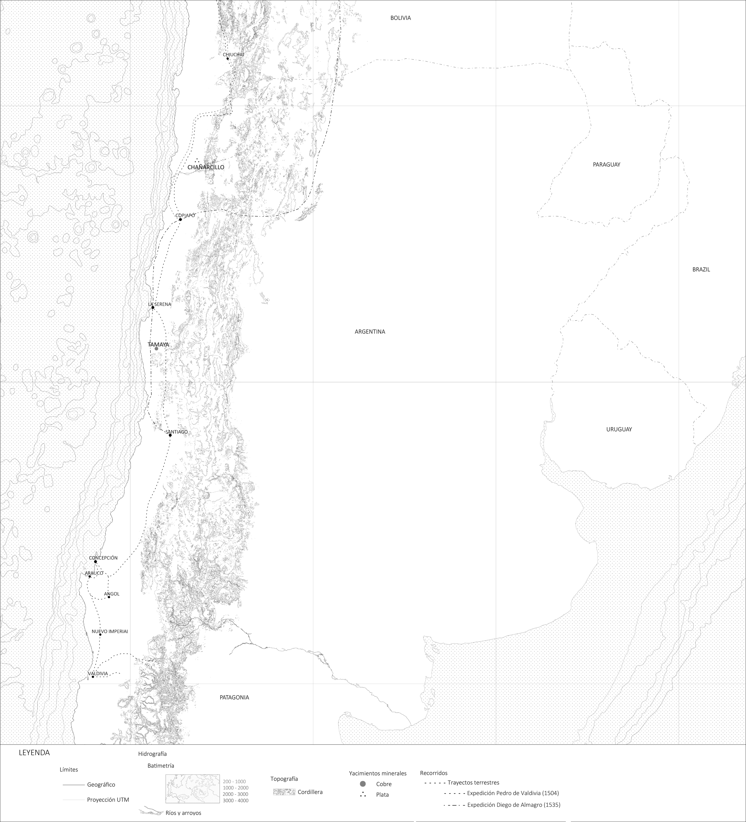 Cartografía del territorio chileno durante la Exposición Universal de Londres, de 1851, representado desde el mito del oro impulsado por las primeras expediciones de Almagro y Valdivia. Fuente: elaboración propia