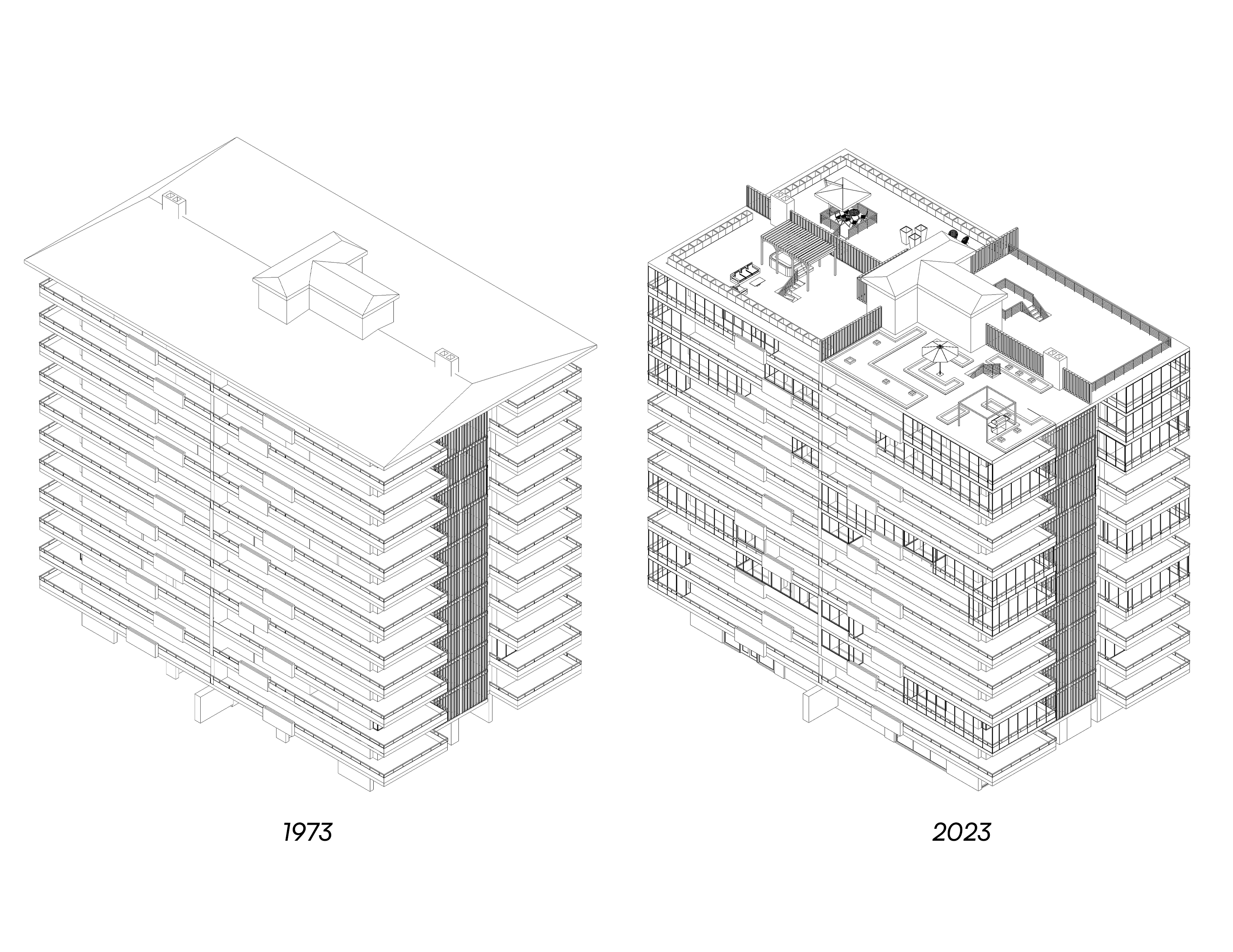 Axonométricas comparativas entre proyecto original y estado actual. Fuente: elaboración propia